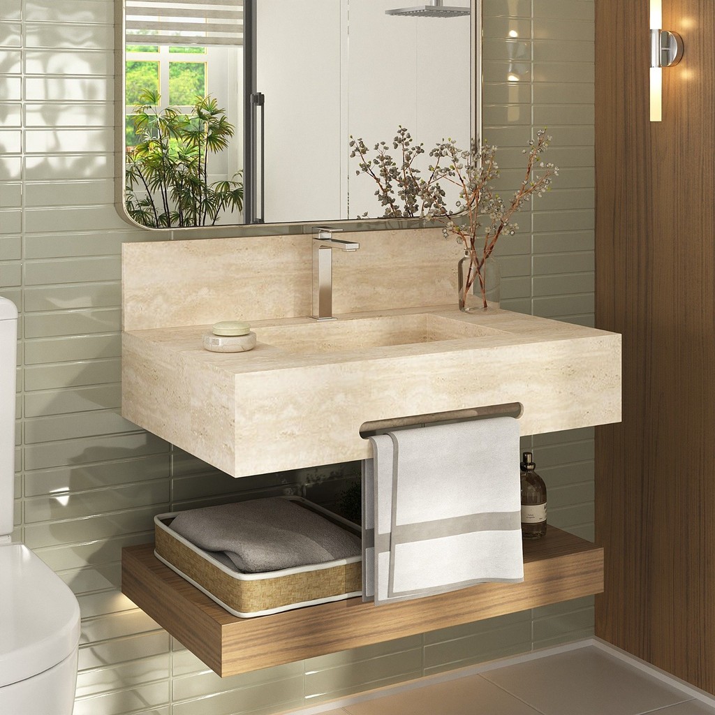 Bancada de Porcelanato para Banheiro com Toalheiro e Cuba Esculpida 70cm Ripy Travertino - Home & Living