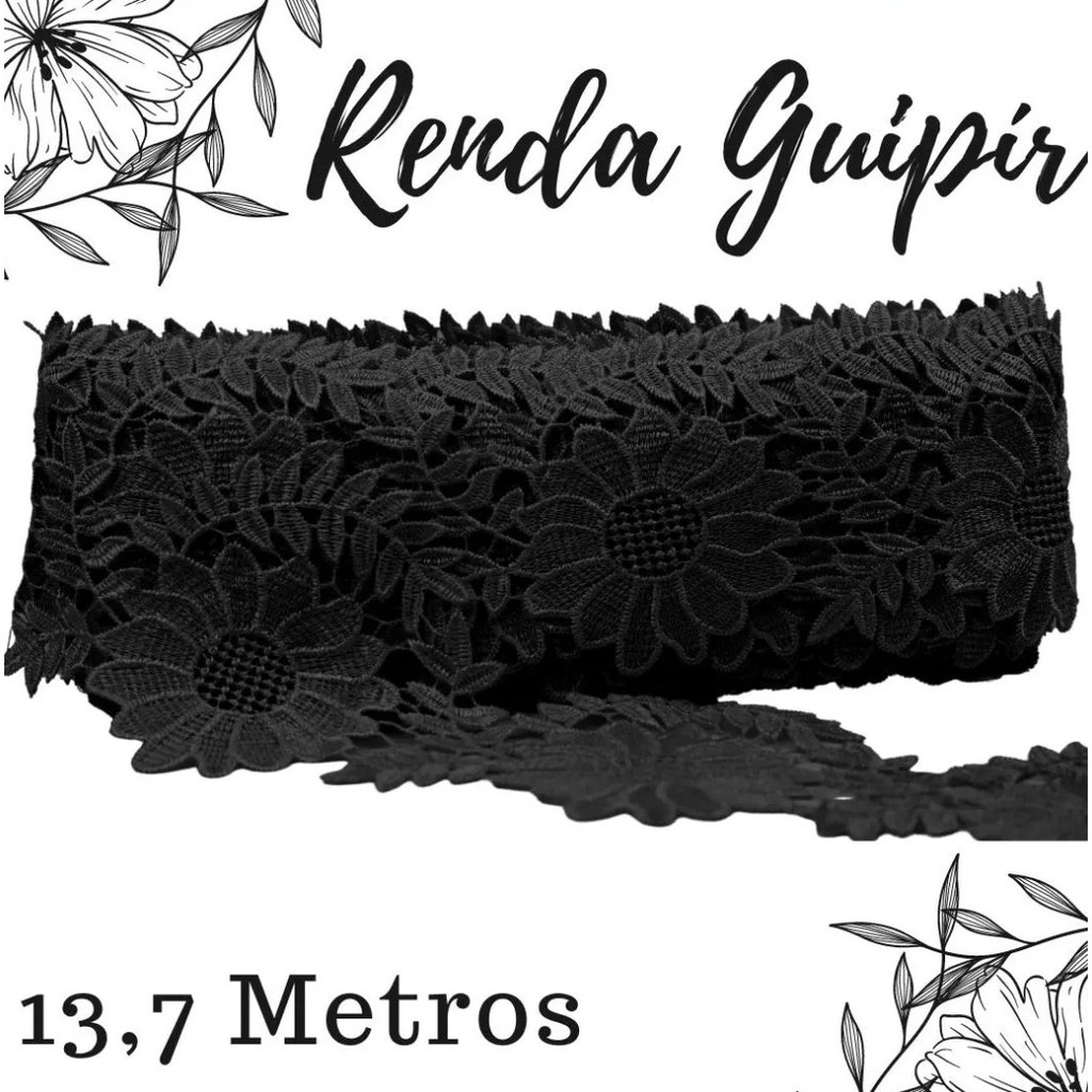 Renda Guipir CHL-641 Entremeio 10.0 Cm -  Rolo C/13.7 Metros Cor:Preto