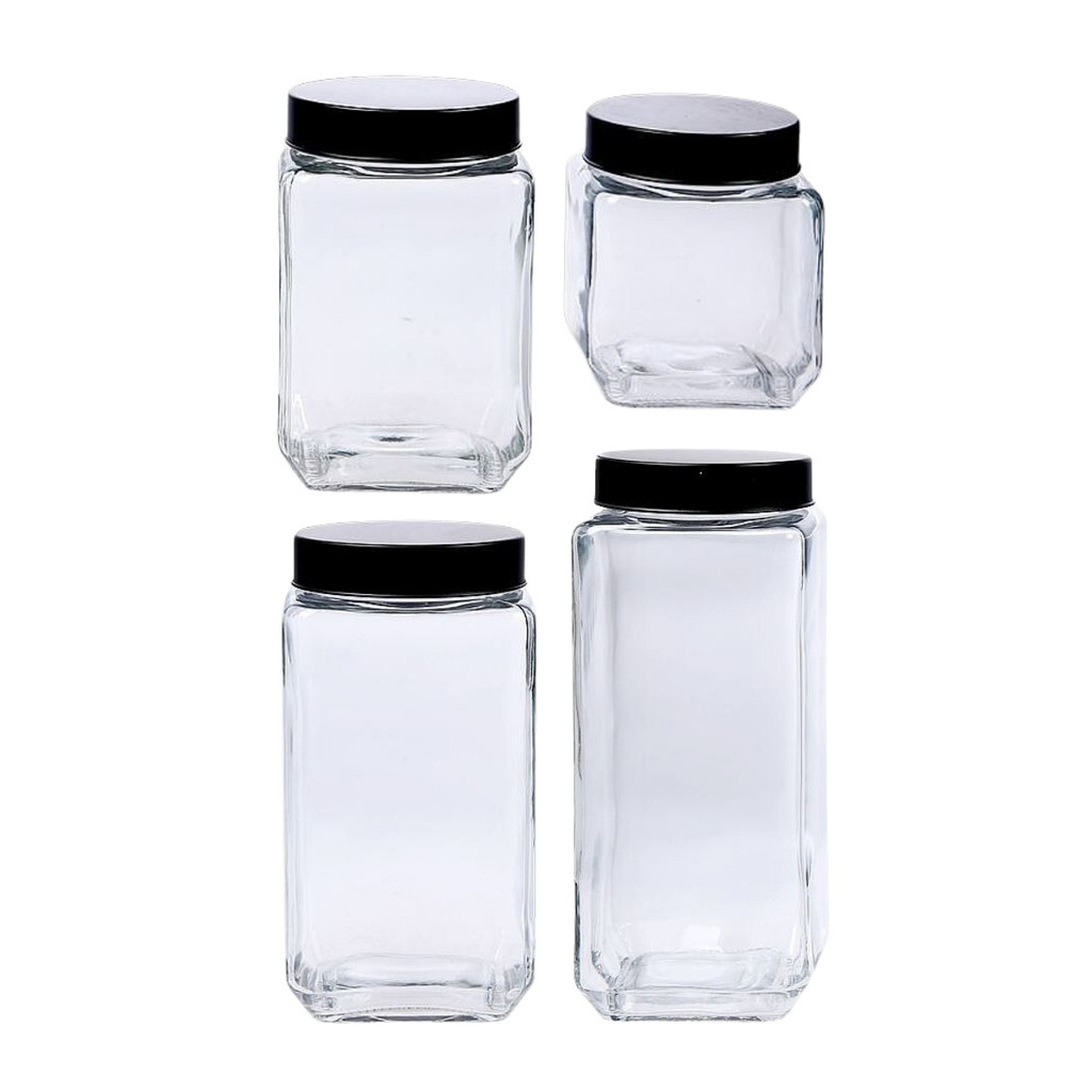 Kit 4 Pote Porta Mantimento Vidro Quadrado Tampa Ferro Encanto P M G GG Cozinha Premium - Le Bianco