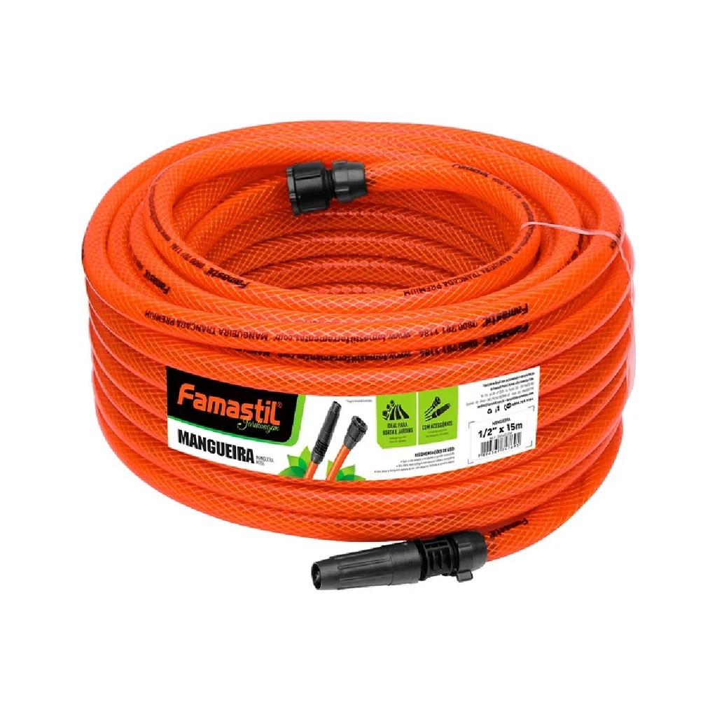 Kit Mangueira de Jardim Famastil Trançada 15m Laranja com Esguicho | Resistência e flexibilidade em Oferta na Shopee