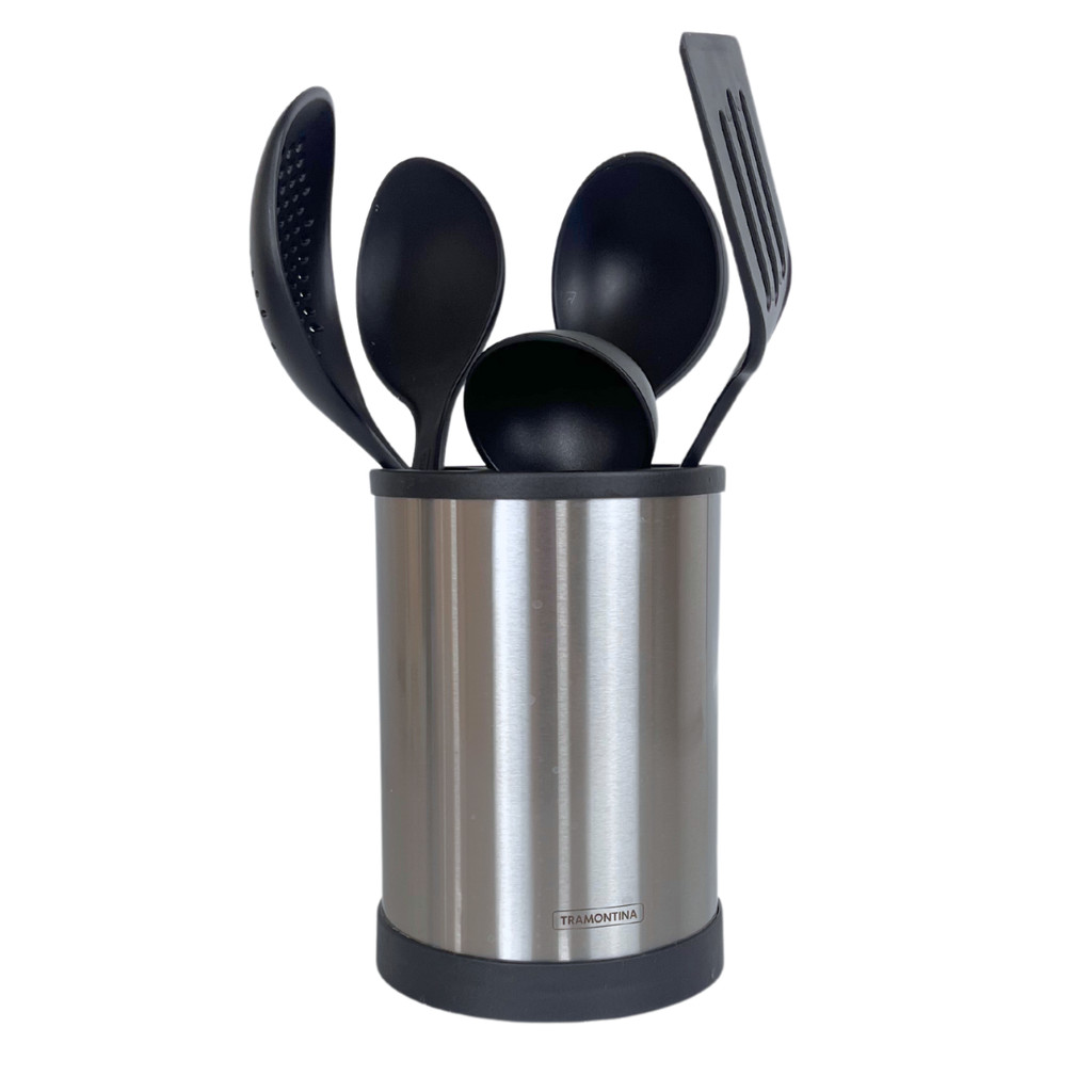 Kit Tramontina 6 Peças de Utensílios Para Cozinha em Nylon Com Pote em Inox Giratório - Home & Living