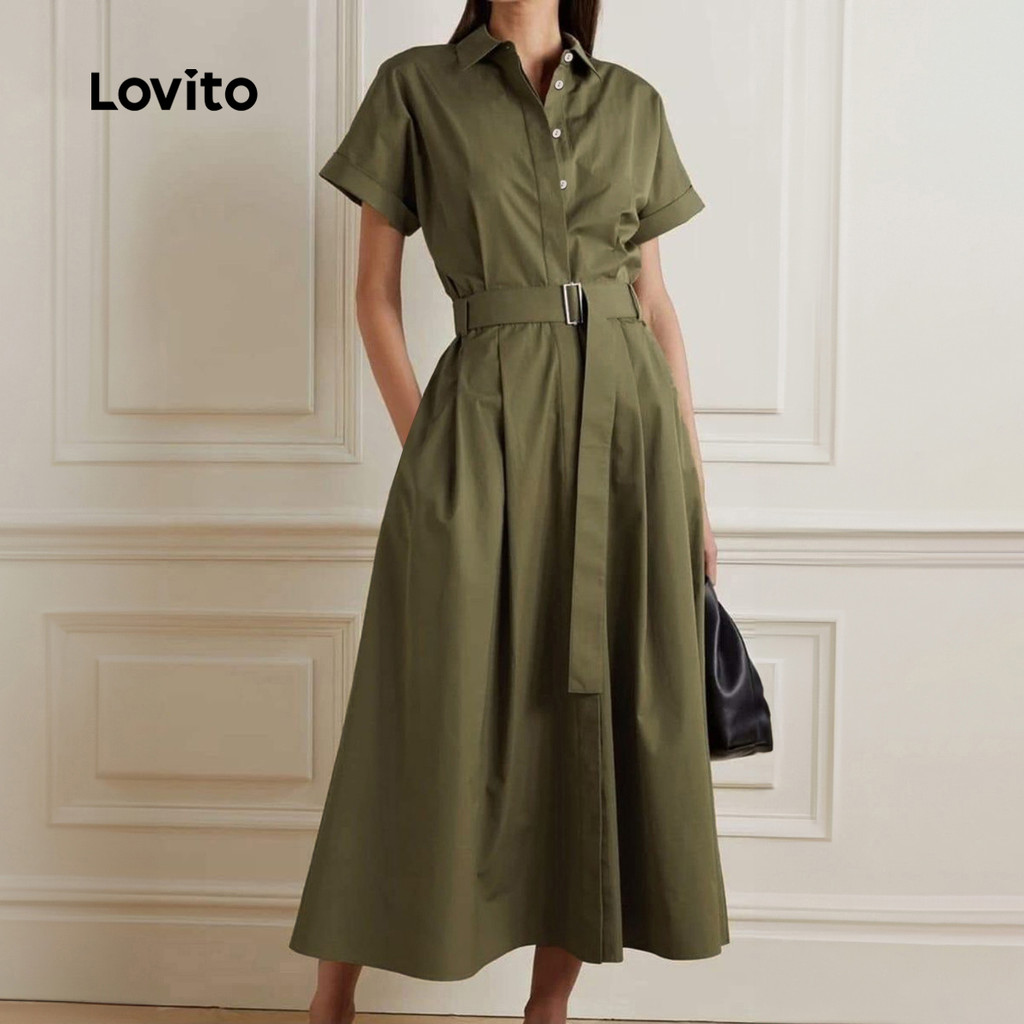 (Trendy) Lovito Vestido elegante liso com cinto e botão para mulheres LBL23506 em Oferta na Shopee