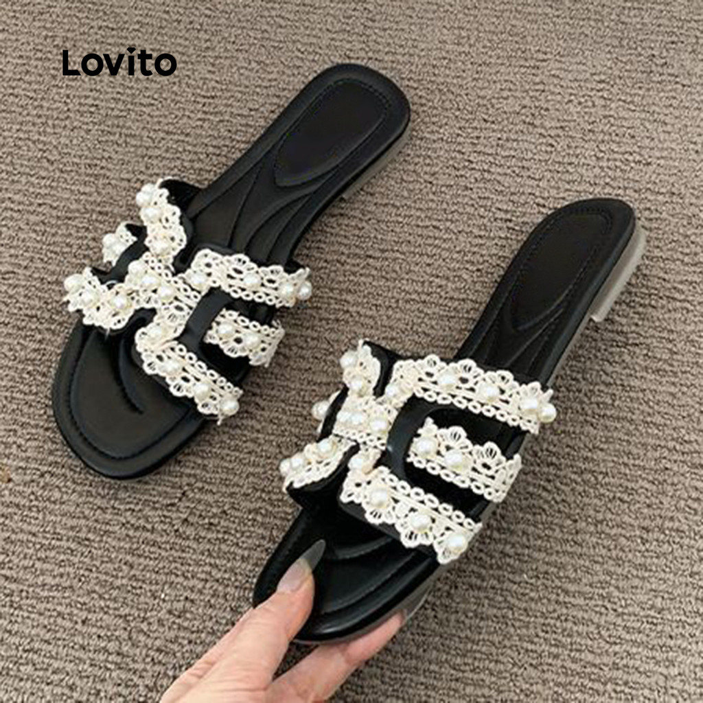 Lovito Elegante Pérolas High End Beleza Sandálias Planas Para Mulheres LFA80018 - Women Shoes