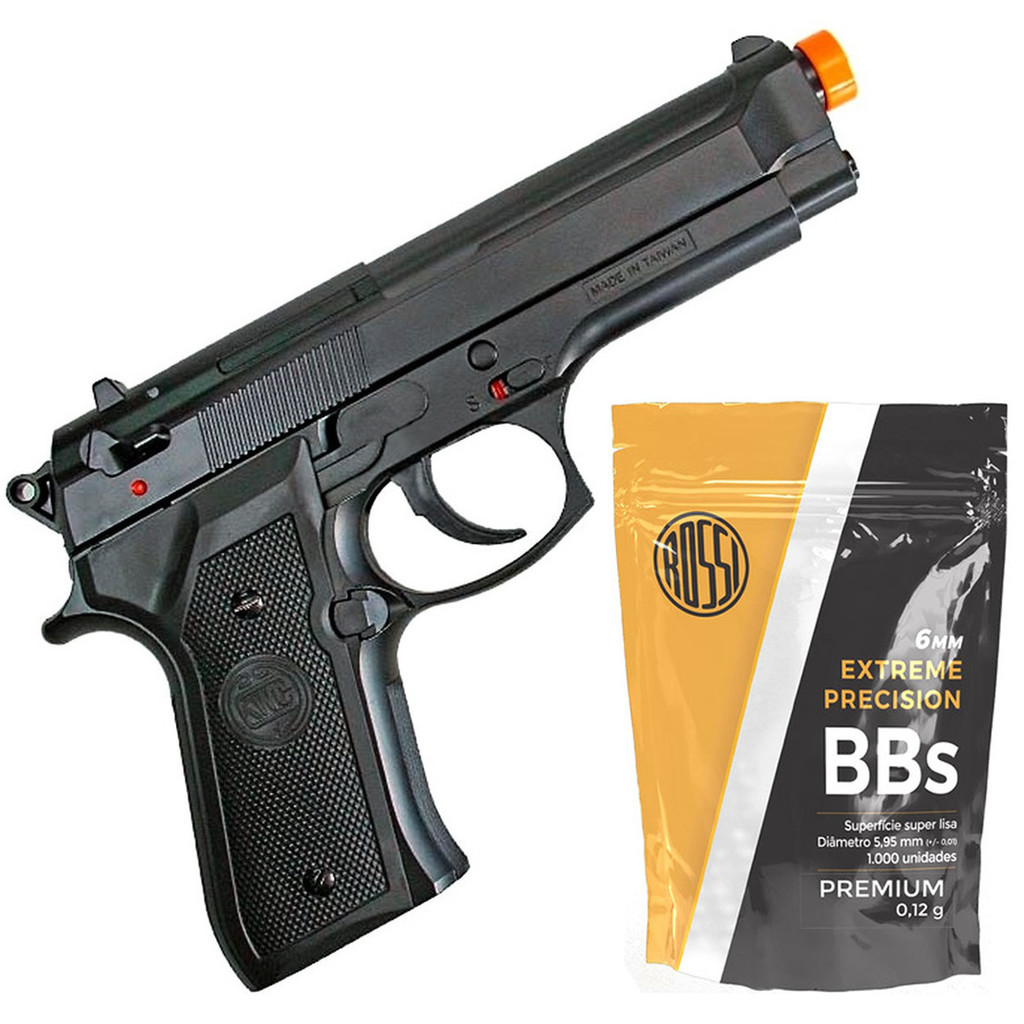 Pistola Airsoft Beretta M92 KWC Spring + 2 Mil BBs 0.12g Rossi - Tiro Preciso