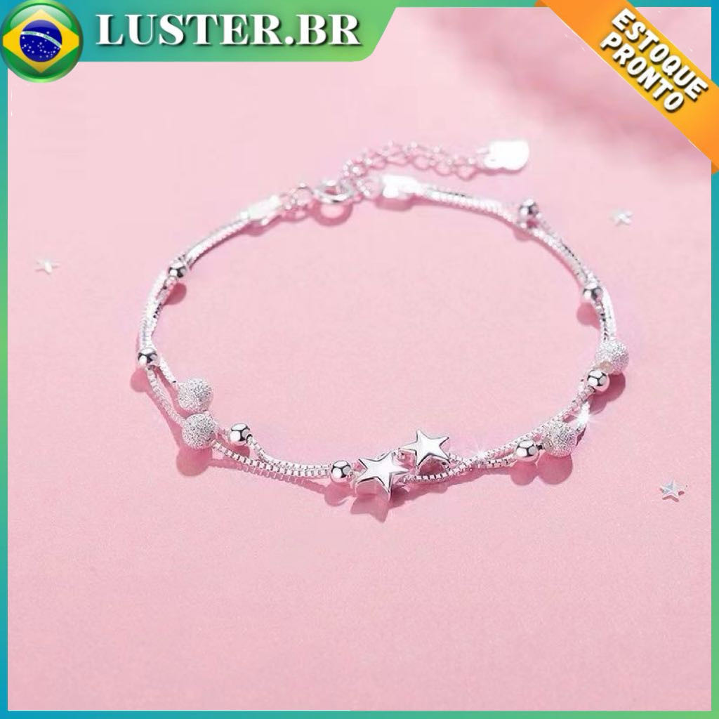 Pulseira banhada a prata S925, pulseira com estrela dupla, pulseira feminina multicamadas, tamanho ajustável, presente em Oferta na Shopee