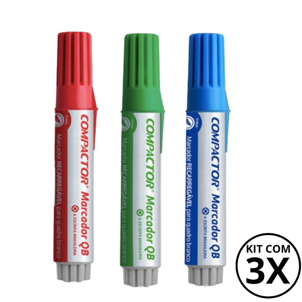 Kit com 3 Marcadores Para Quadro Branco - COMPACTOR COR:VERDE + AZUL + VERMELHO