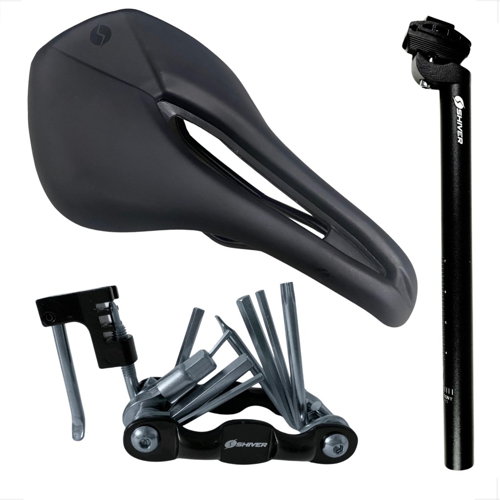 Kit Bike Bicicleta Selim Banco Assento Shiver Prime ex racer + Canote aluminio + Canivete 10 funcoes