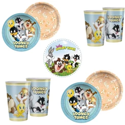 KIT FESTA LOONEY TUNES 8 PRATOS + 8 COPOS DESCARTÁVEL 180 ML PAPEL - REGINA(CHOCO)