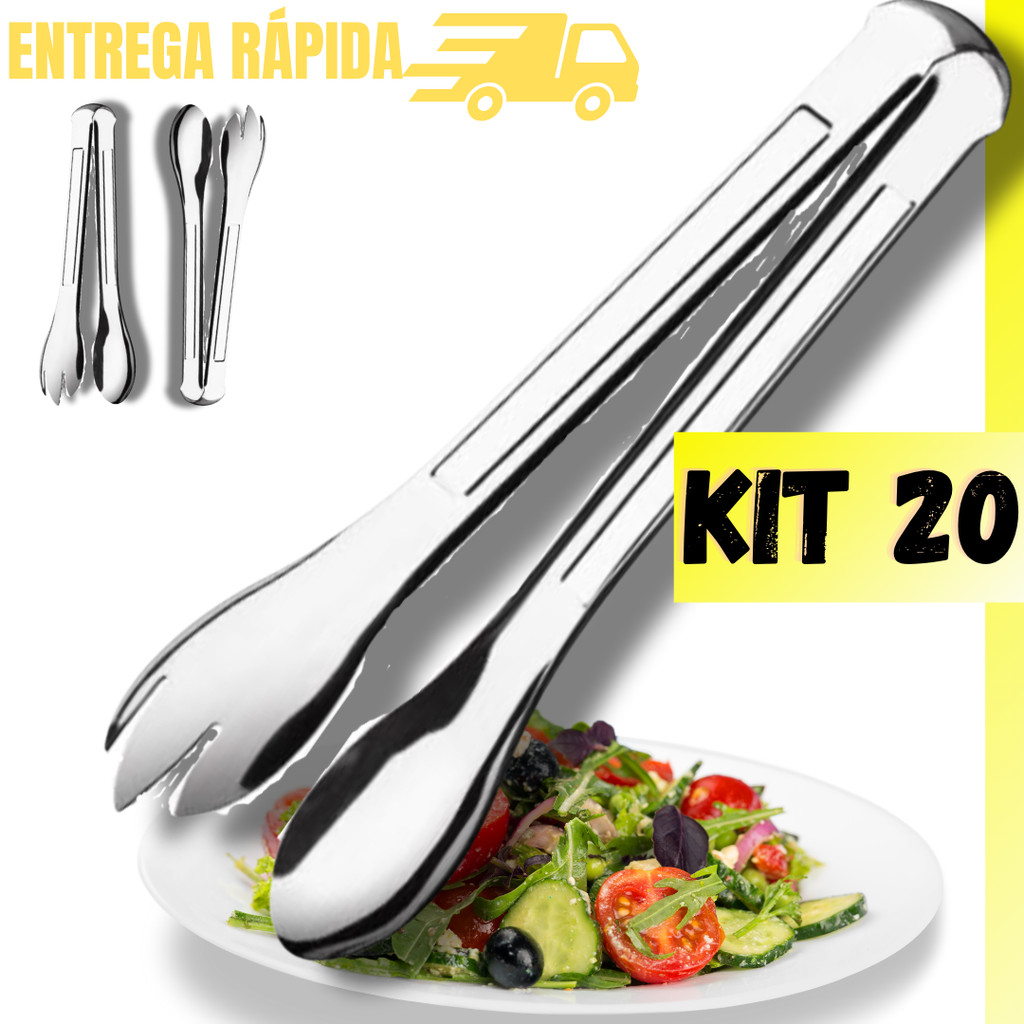 Conjunto 20 Pegadores Pinça Para Salada Multiuso Jogo Kit Completo Em Aço Inox Massas Macarrão