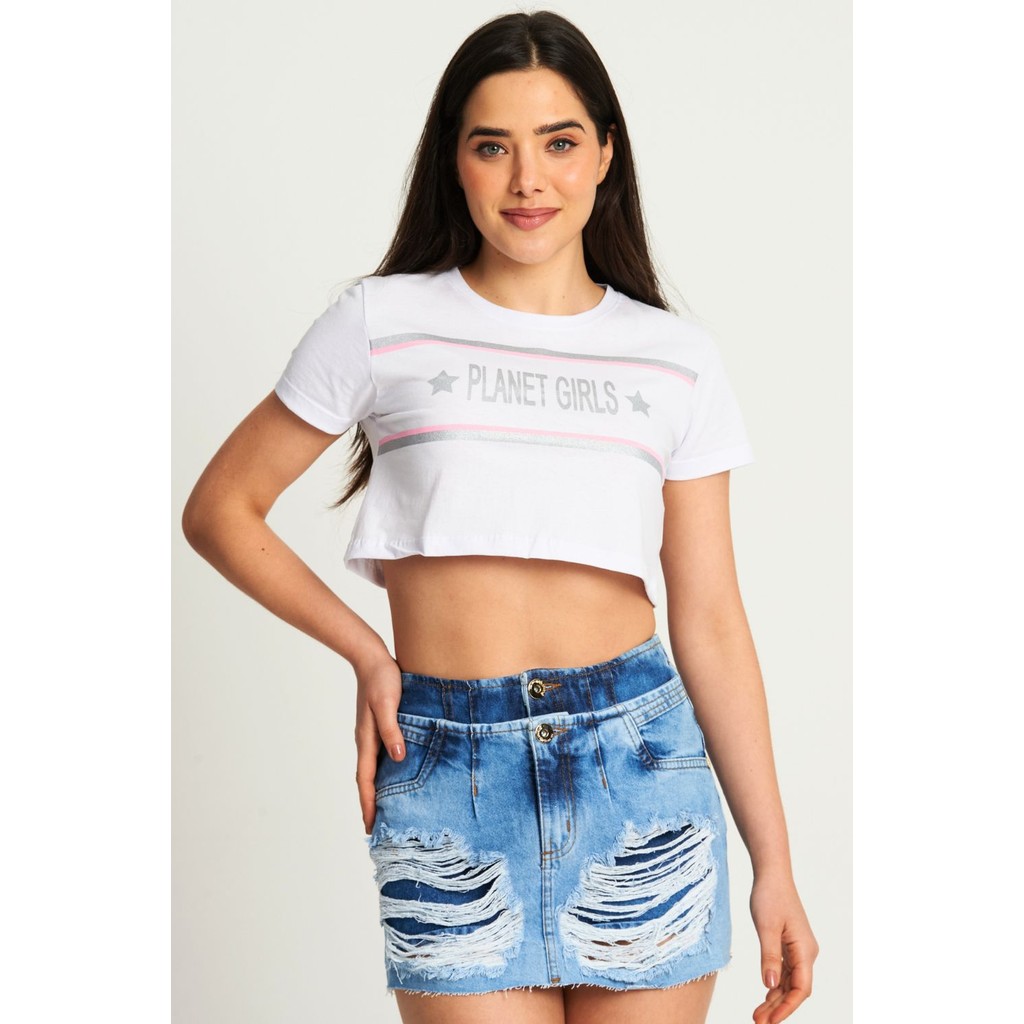 Cropped Feminino Silk Logo Planet Girls Branco - Women Clothes