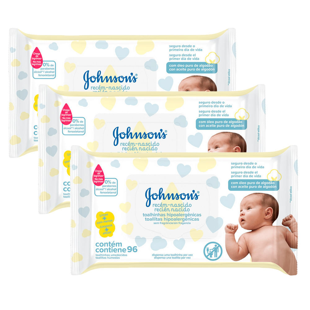 Kit 3X Toalhas Umedecidas Johnson's Baby Recém Nascido 96 Unidades - Mom & Baby