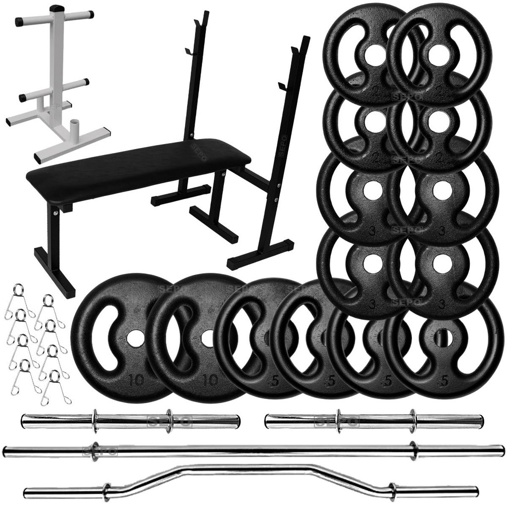 Kit Banco para Supino + 60Kg Anilhas de Ferro + Barras Ocas + Suporte 120Kg