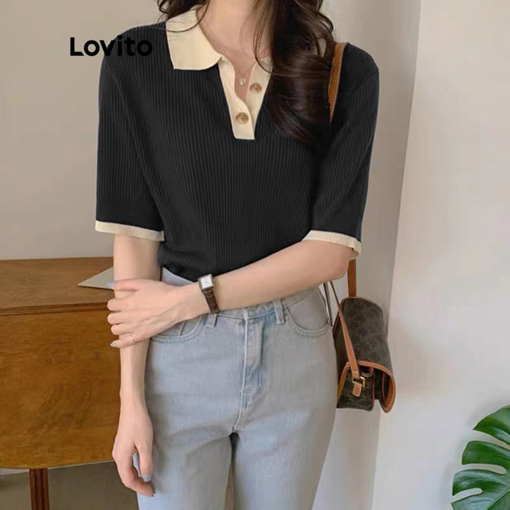 (Trendy) Lovito Camiseta Casual Lisa Colorblock Botão Manga Curta L47ED014 (Preto) em Oferta na Shopee