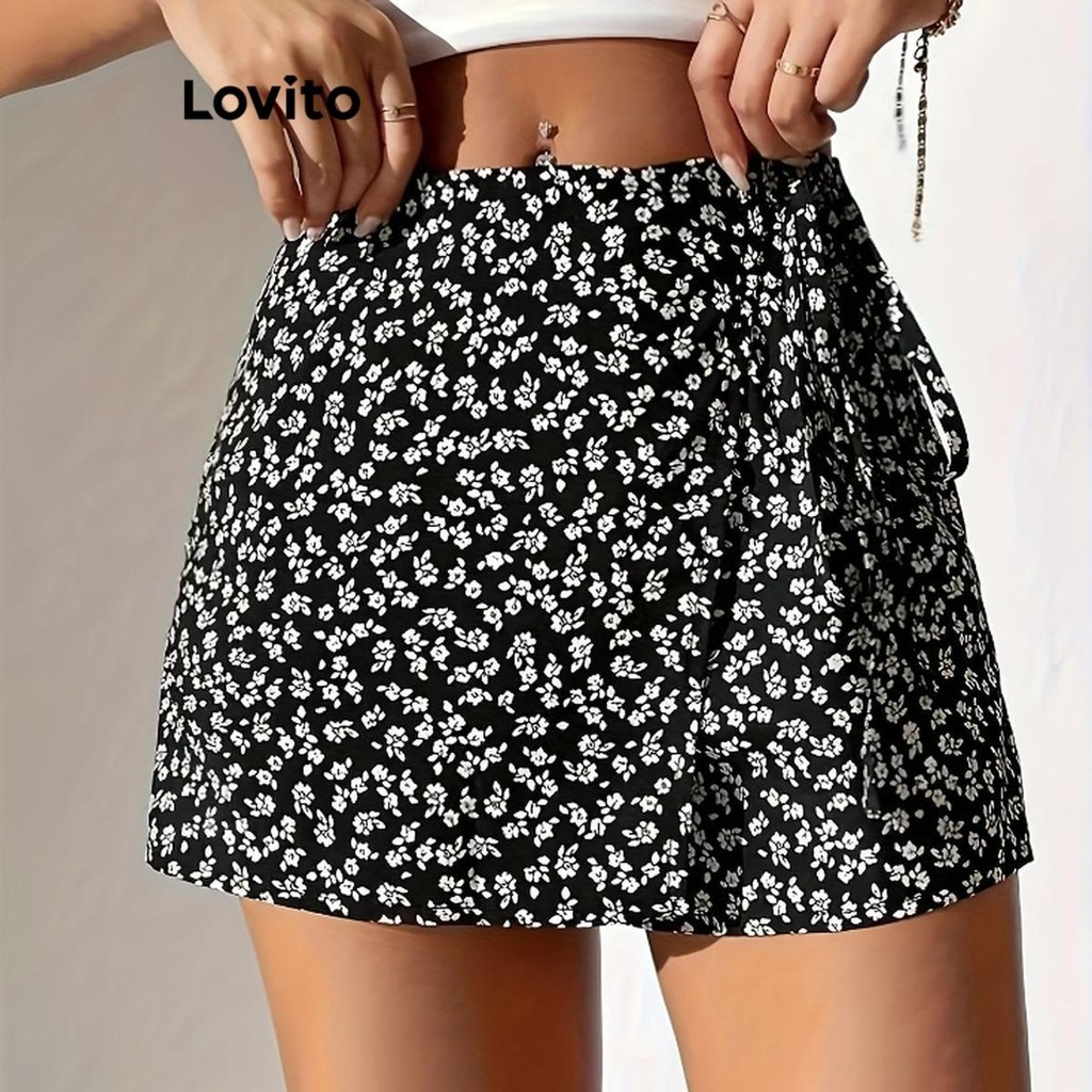 (Trendy) Lovito Shorts Casuais Ditsy Floral Dupla Camada Com Cordões Curtos Para Mulheres LNL77338 - Women Clothes