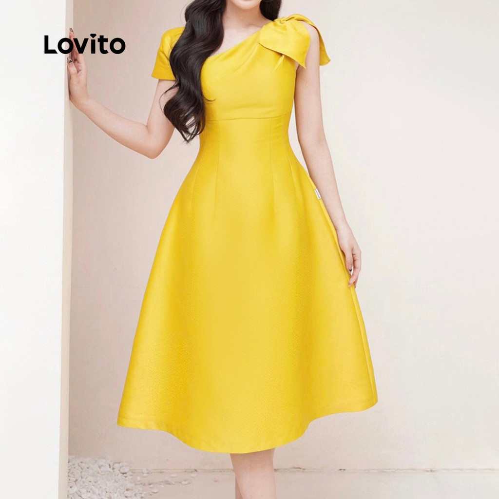 (Trendy) Lovito Elegante Liso Assimétrico Plissado Estrutura Linha Verão Primavera Vestido Amarelo Mulheres L135ED157 em Oferta na Shopee