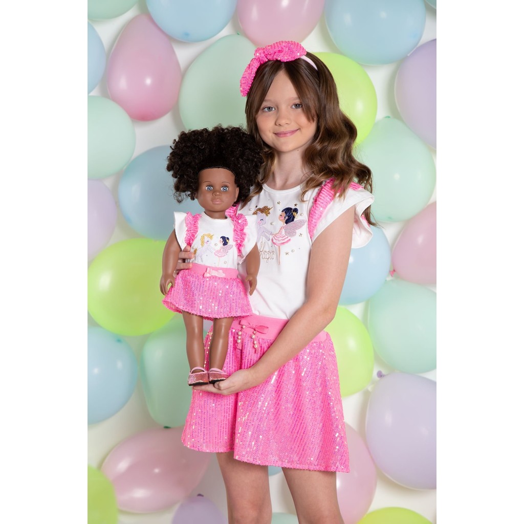 Conjunto Verão Blusa e Saia de paetê com Shorts- Menina e Boneca-Acompanha Roupinha da Boneca Igual