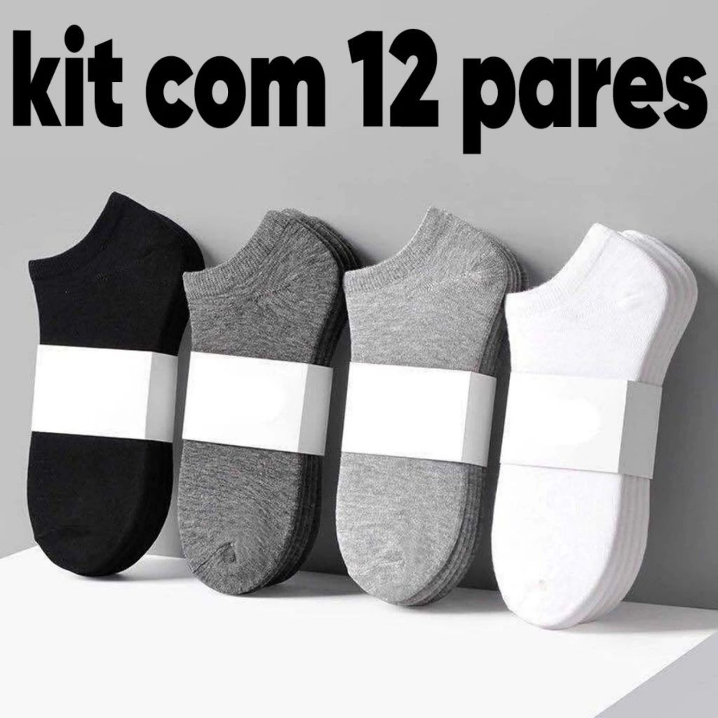 Kit 12 Pares de Meias Soquete Unissex Cano cores neutras Curto Masculina Feminina