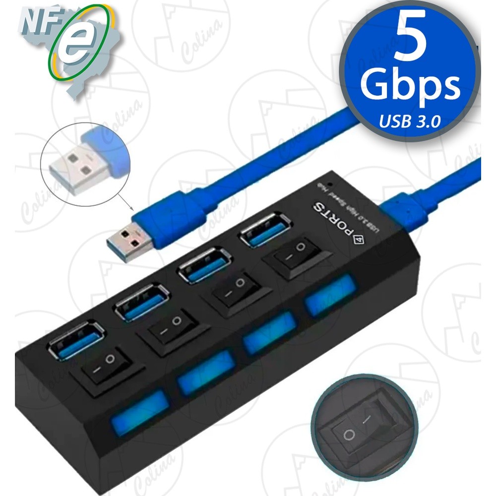 Hub Usb 3.0 4 Portas Régua Usb Extensão Pen Drive p Pc Notebook Teclado Mouse 480mbps Chave Seletor