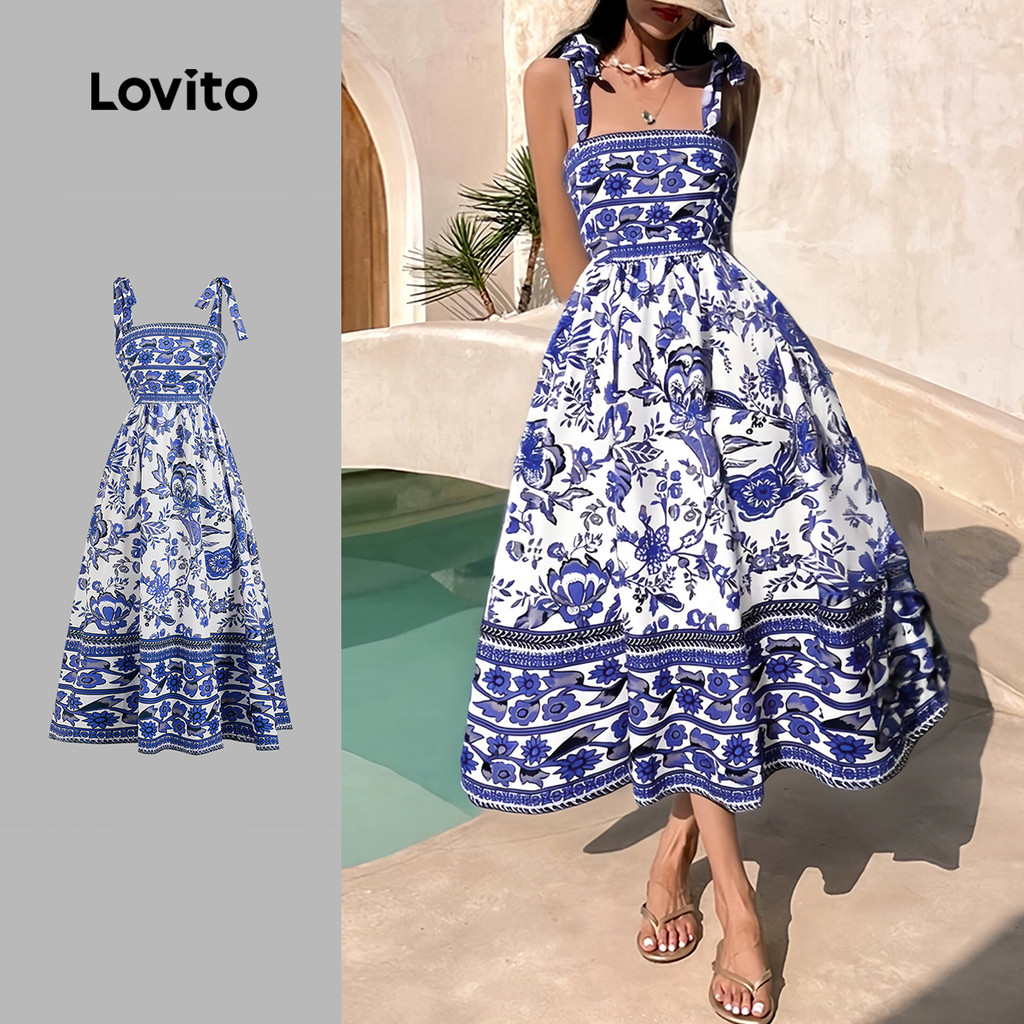 Lovito Vestido Boho de Tecido com Costura e Cadarço  Vestido de Primavera/verão Azul e Branco para mulheres LBL27029 - Women Clothes