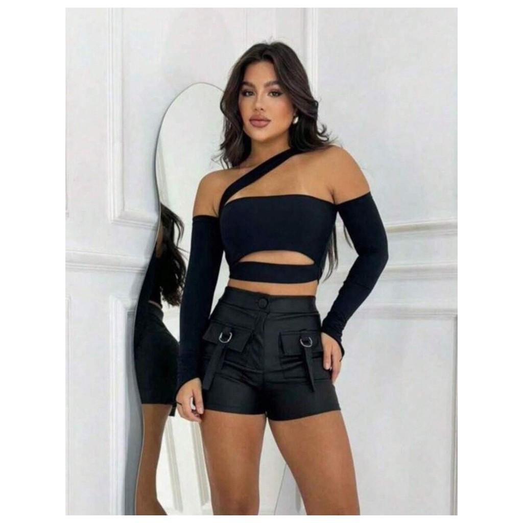 Cropped Faixa Recorte Manga Longa Feminino Ombro a Ombro Moda Blogueira Gringa em Oferta na Shopee