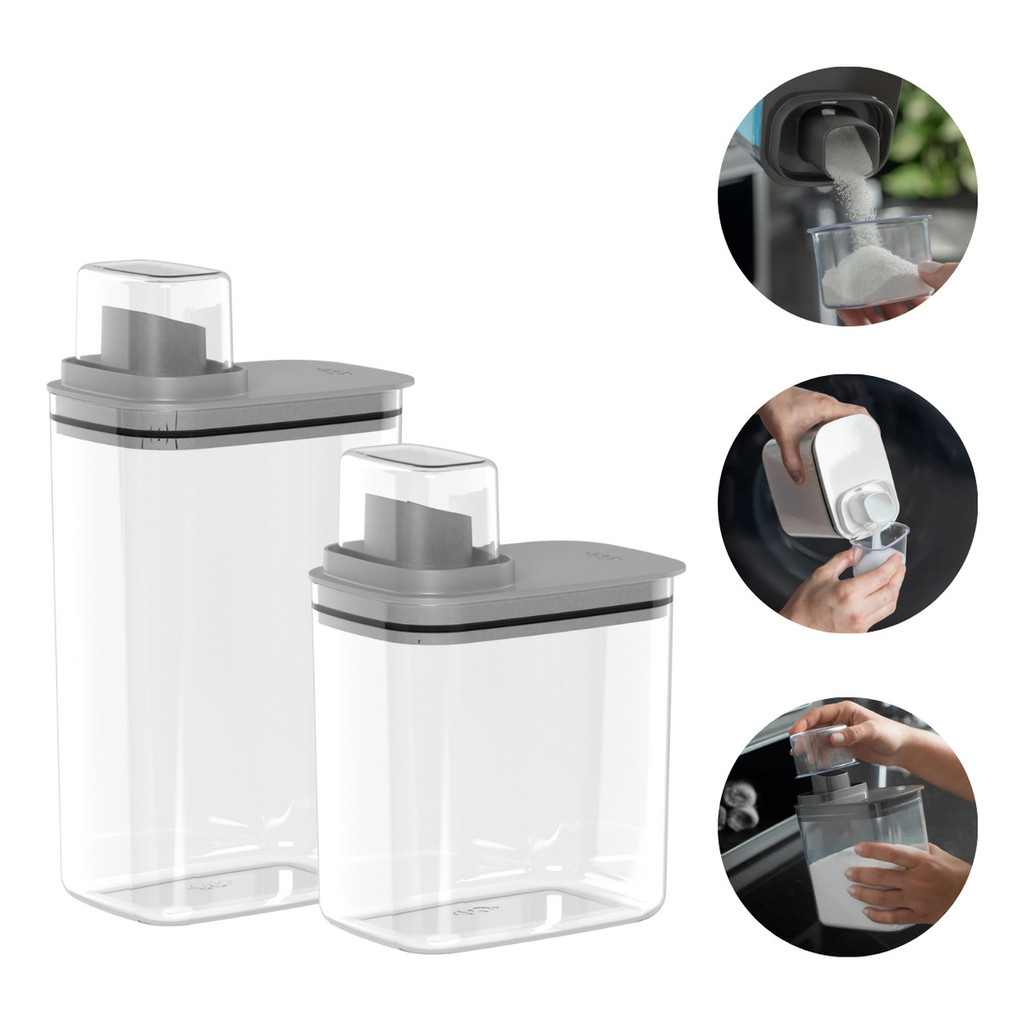 Kit 2un Dispenser Multiuso Lavanderia Sabão Líquido/em Pó Amaciante Tampa Medidora Bico Dosador 1,5L+2,3L Flow Cinza-OU