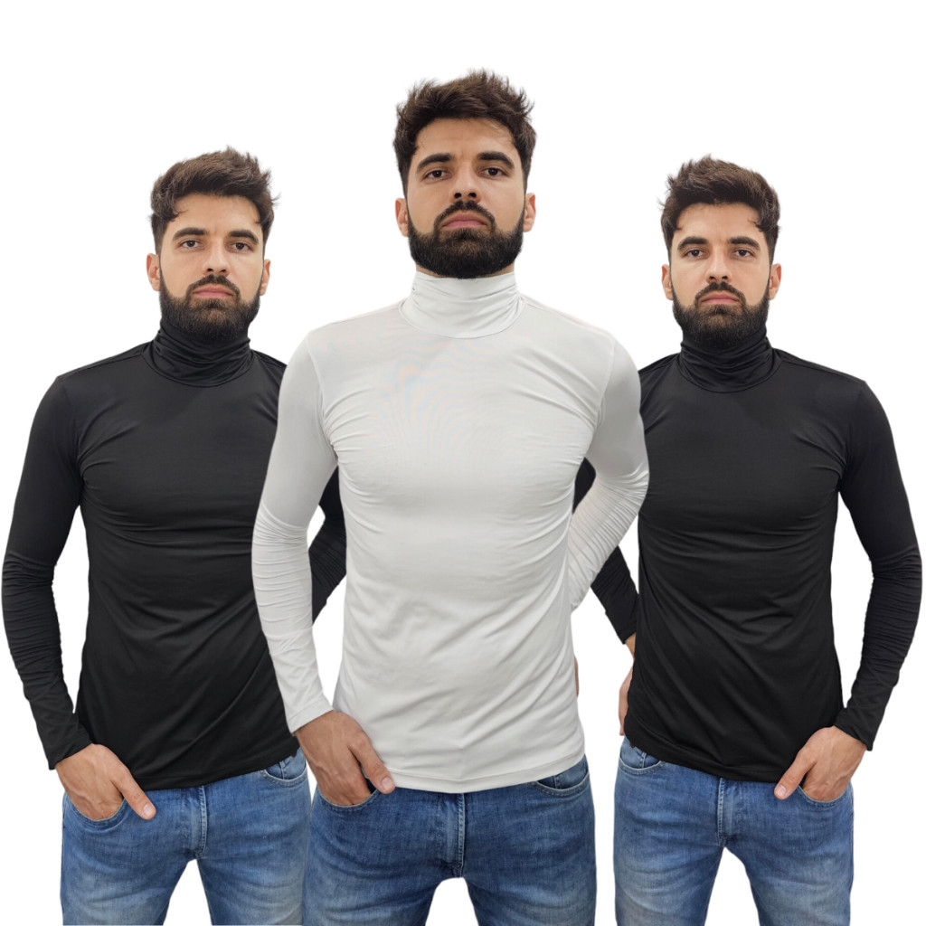 Kit com 03 Blusas Térmica Masculina Gola Alta Compressão Segunda Pele Manga Longa Proteção Uv