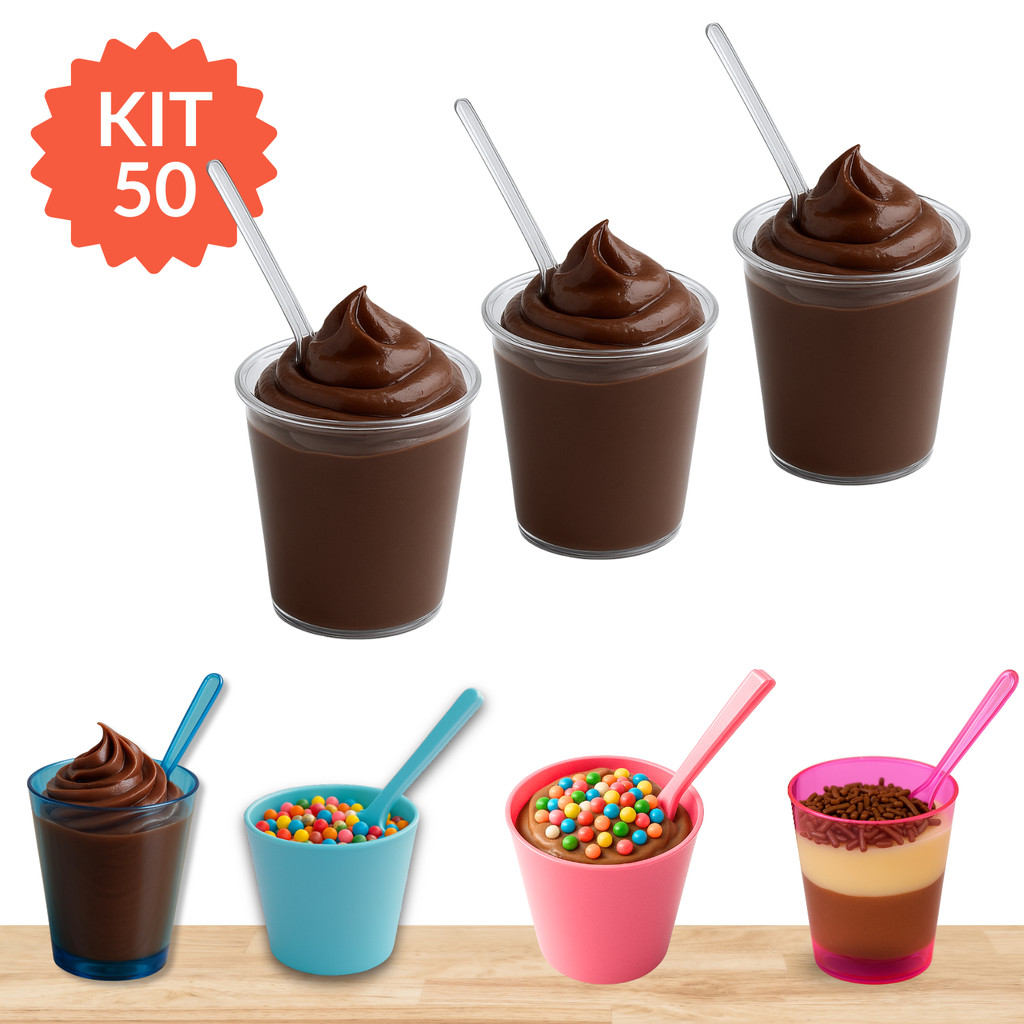 Kit 50 Copinho Acrílico 25ml Brigadeiro de Colher Docinho + Mini Colher Festa Aniversário