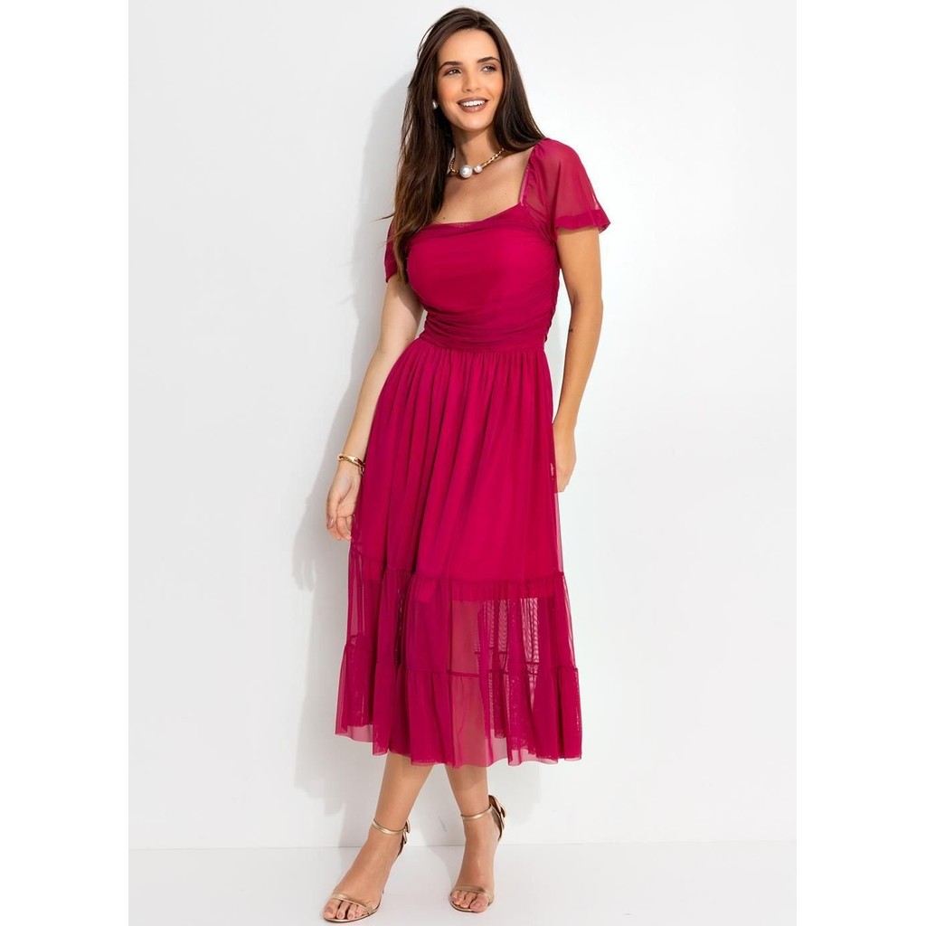 Vestido Feminino Tule Magenta Quintess Moderna em Oferta na Shopee