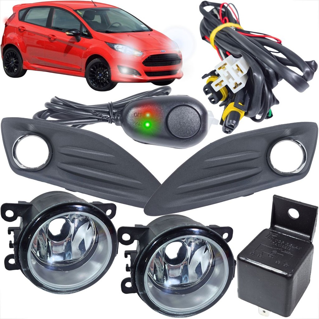 KIT FAROL DE MILHA NEW FIESTA 13 16 MOLDURA ARO CROMADO BOTAO MODELO ALTERNATIVO COLANTE