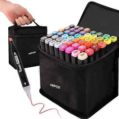 Kit 48 Conjunto De Canetas Marcador Permanente Ponta Dupla Escolar Cores Pincel Colorido Desenho
