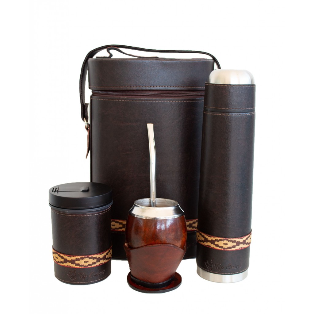 Kit chimarrão mateira marrom, garrafa térmica 0,95L, cuia coquinho, bomba inox e porta erva
