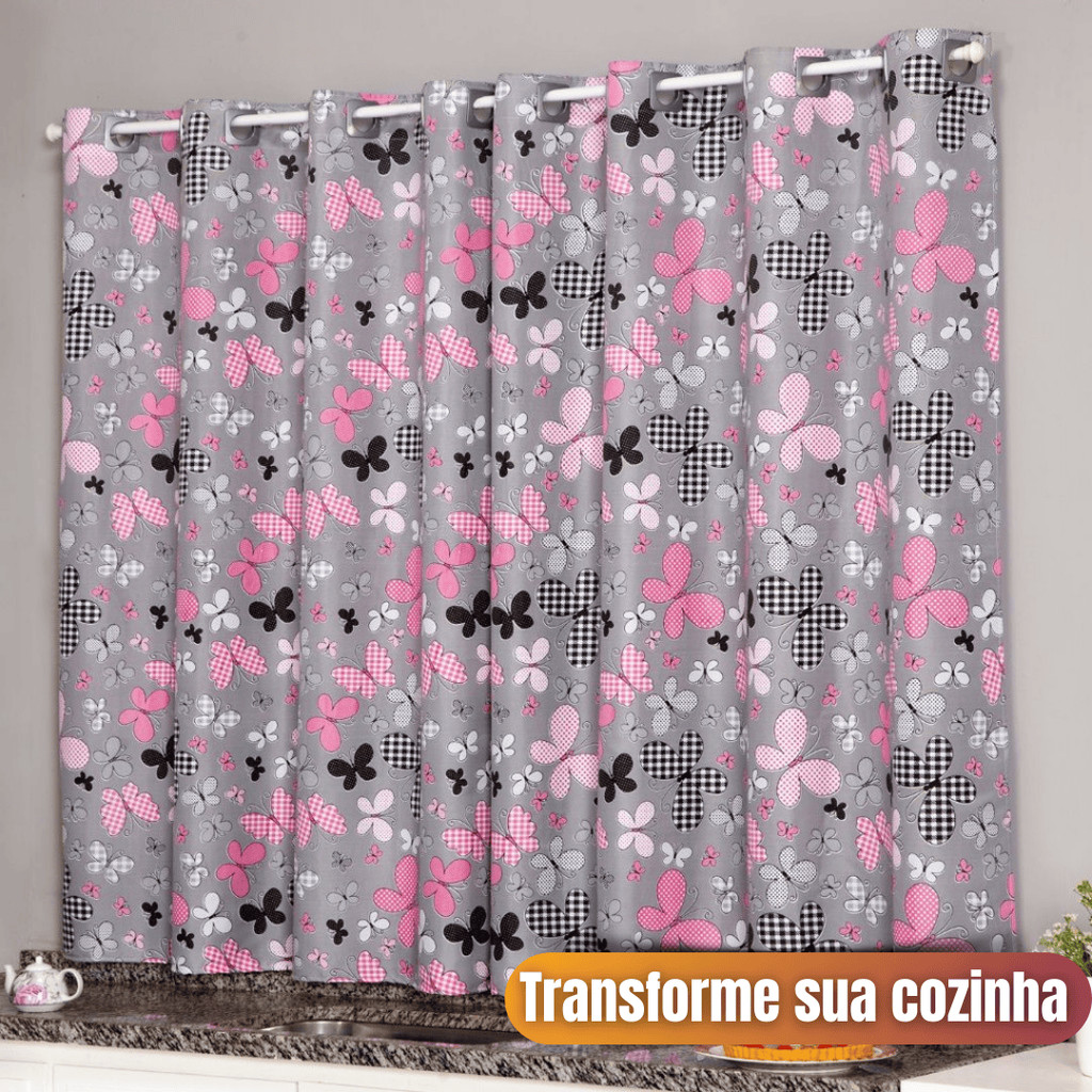 Cortina de Cozinha Oxford Estampada Premium Varão 2,00x1,40 Poliéster Decoração Casa Moderna Lavável
