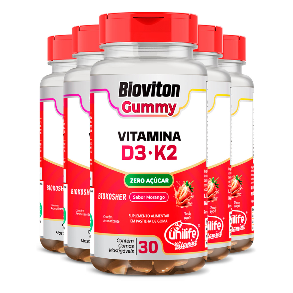 Kit 5 Gummy Vitamina D3 + K2 Morango Unilife 30 gomas
