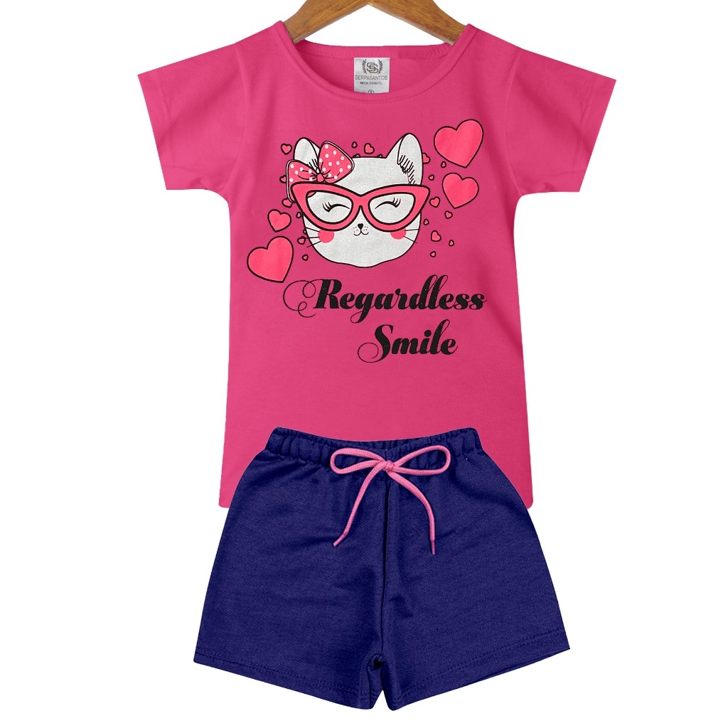 Conjunto Infantil Juvenil Pink Gatinha Feminino - 2 Peças: Shorts + Camiseta - Tamanho 03 a 14