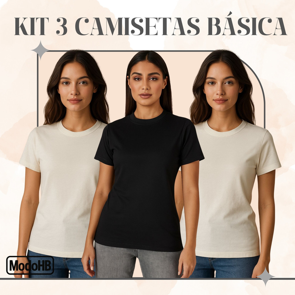Kit 3 Camiseta Básica Feminina T-shirt Lisa 100% Algodão Blusa Branca e Preta Envio Imediato