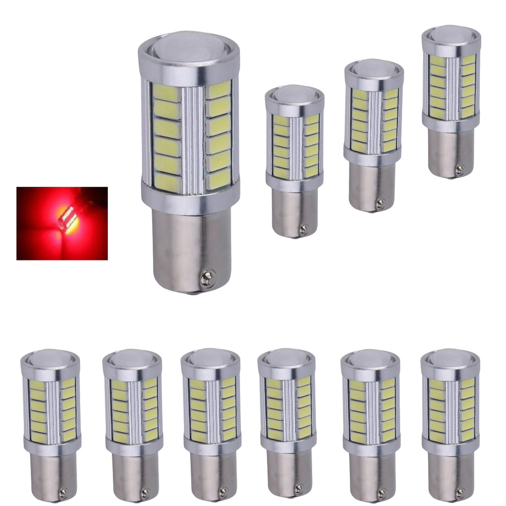 KIT 10 LAMPADA 33 LED CREE BAY15D 2 POLO P21/5W 1157 1034 VERMELHO 24V