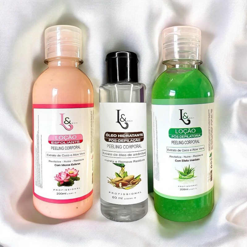 Kit Pré e Pós Depilação Com Gel Esfoliante + Loção Pós Depilatória e Óleo Hidratante Removedor