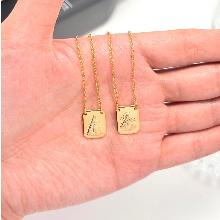 Escapulário Corrente Masculino com Sagrado Coração de Jesus e Nossa Senhora Aparecida Banhado a prata 925 ou Ouro 18k
