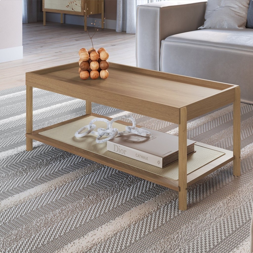 Mesa de Centro Retangular com Prateleira 93cm Palhinha Pé Madeira Oslo Hanover - Home & Living