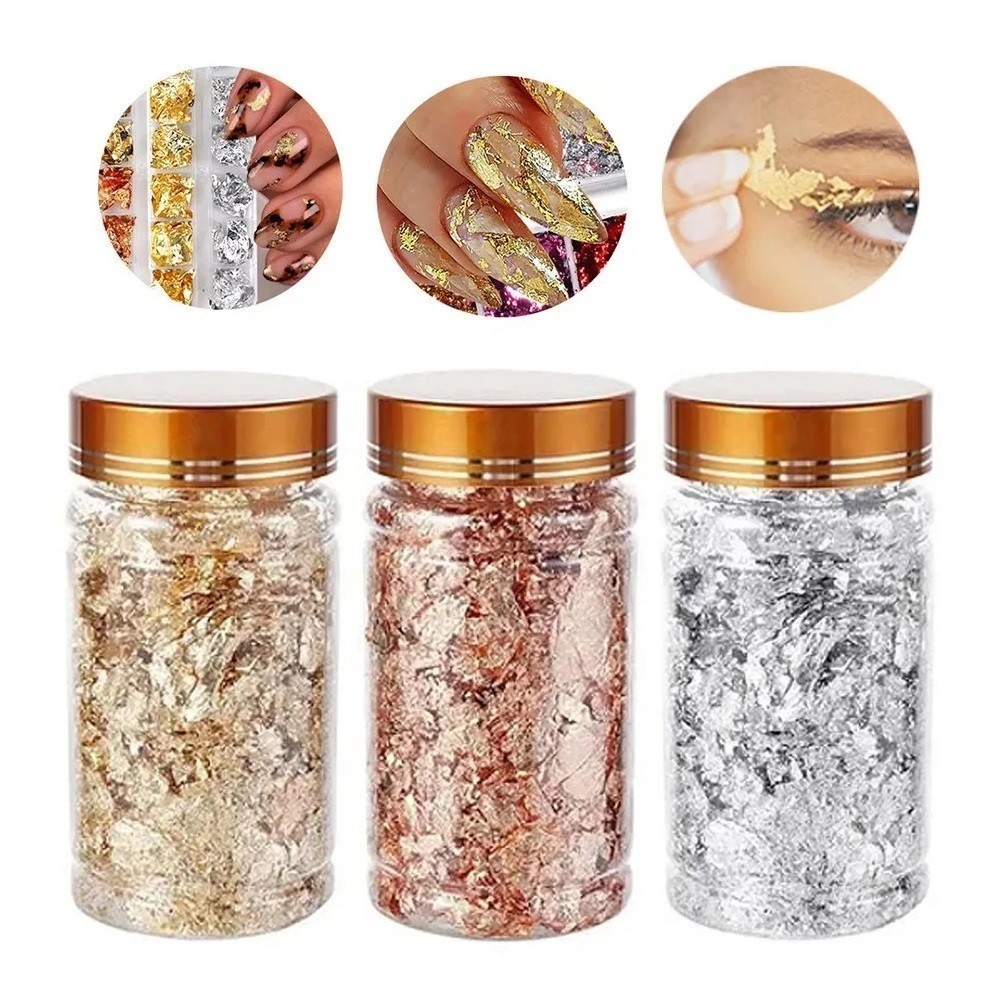 Kit 3 Potes medio com Folha de Ouro para Artes em Unha Naill art Ouro / Prata / Rose