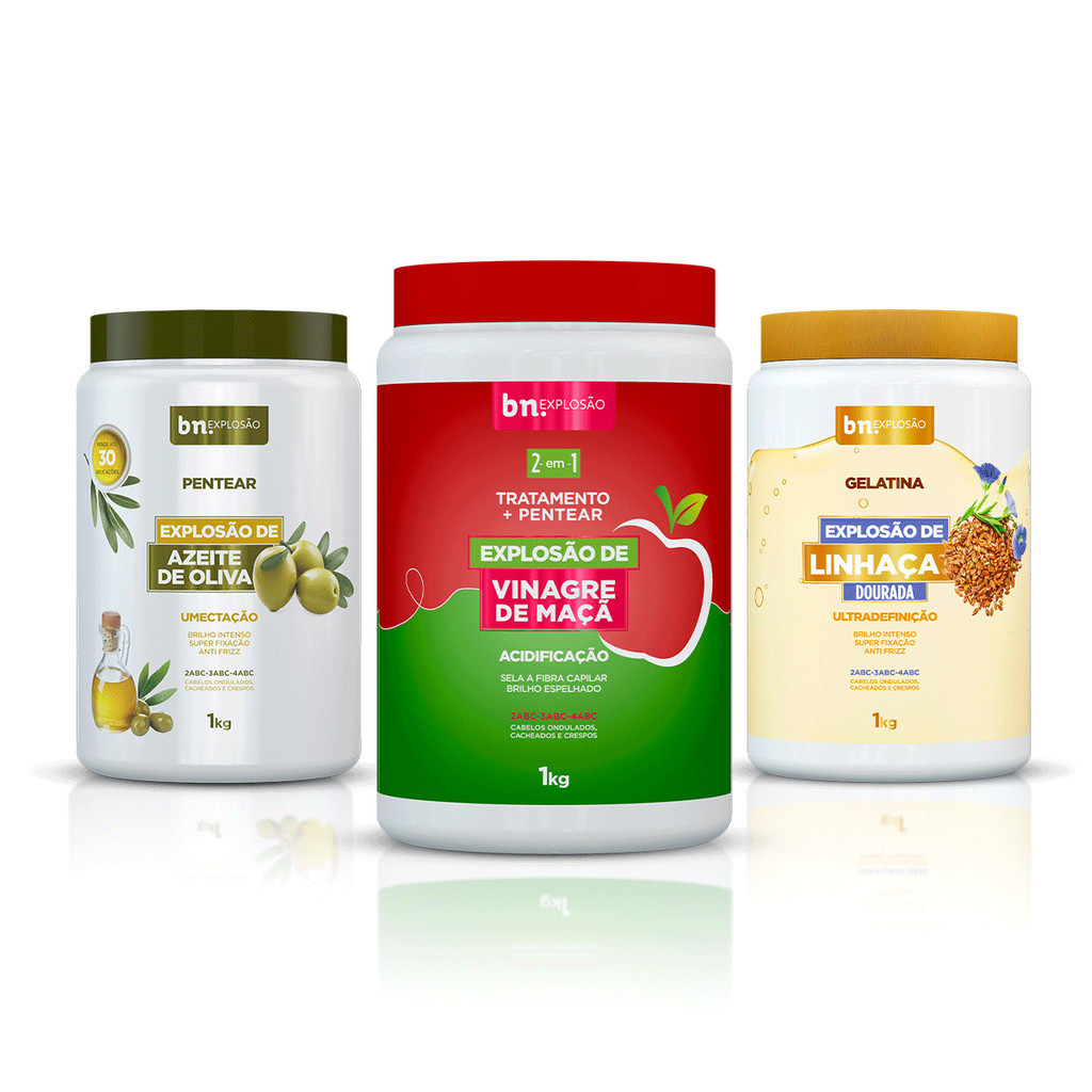 Kit Beleza Natural Pentear Explosão de Oliva + Gelatina de Linhaça + Vinagre de Maça 2 em 1 1Kg - Beauty