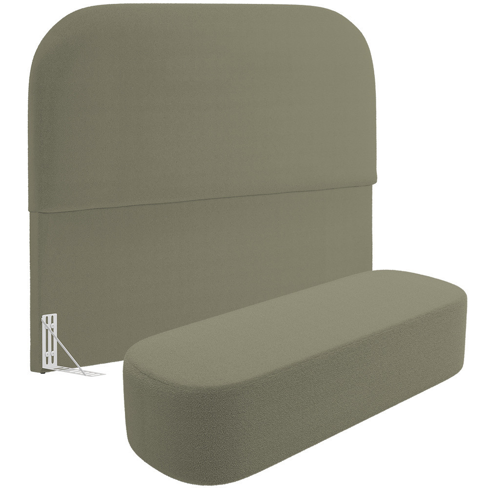 Cabeceira Cama Box Casal 160cm Lanna com Puff Recamier Doha W01 Bouclê Oliva - Lyam Decor - Home & Living