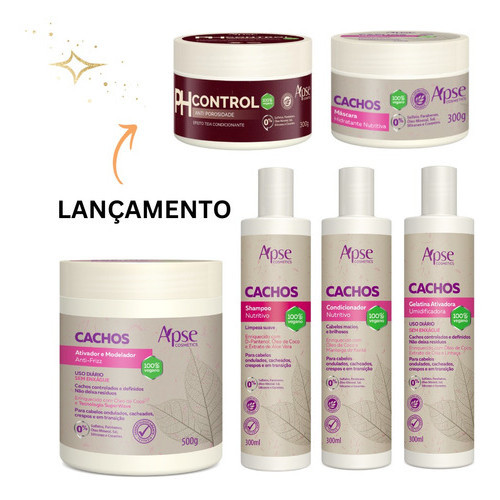 KIT APSE CACHOS SHAMPOO + CONDICIONADOR + GELATINA + MÁSCARA + ATIVADOR DE CACHOS E PH CONTROL