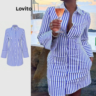 Lovito Vestido elegante com costura em tecido com estrutura listrada para mulheres LBL1434...