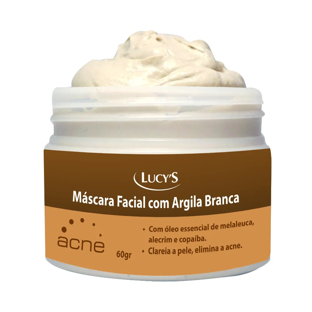 Acne - Máscara Facial com Argila Branca e Óleos Essenciais 60gr - Clareia a Pele Elimina a Acne - Lucys