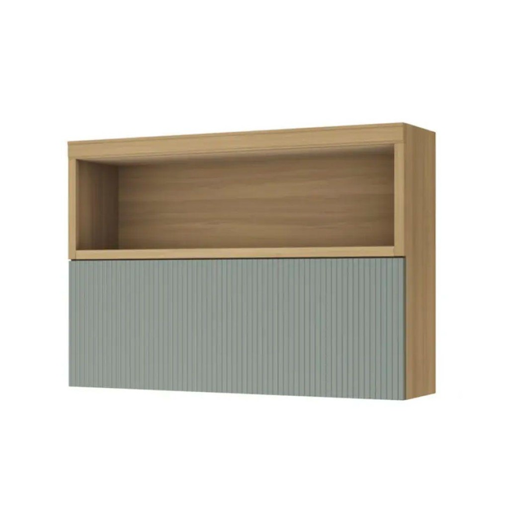 Armário Aéreo p/ Cozinha Marquesa c/ Nicho e 1 Porta Basculante Ripada 120cm Nature/Verde - Nesher em Oferta na Shopee