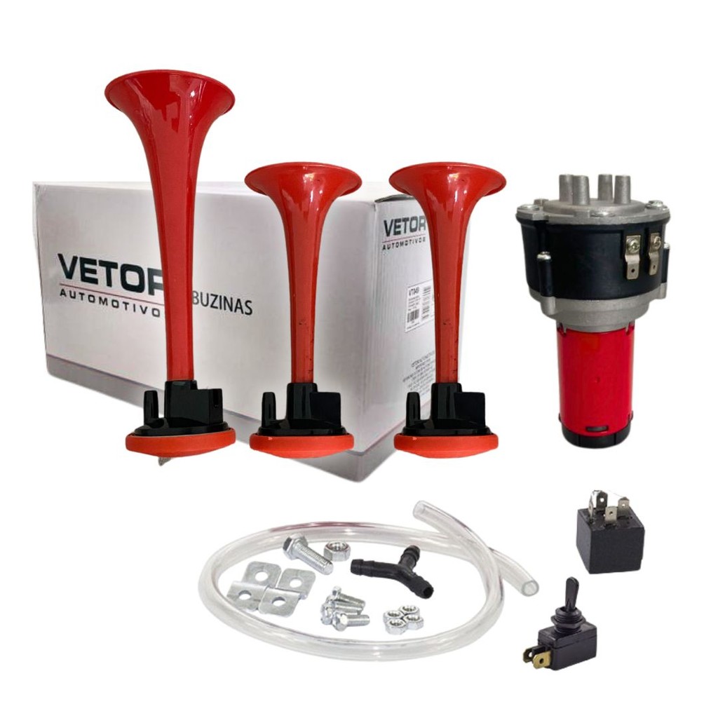 Buzina a Ar Elétrica 3 Cornetas 12V Com Compressor Completa em Oferta na Shopee