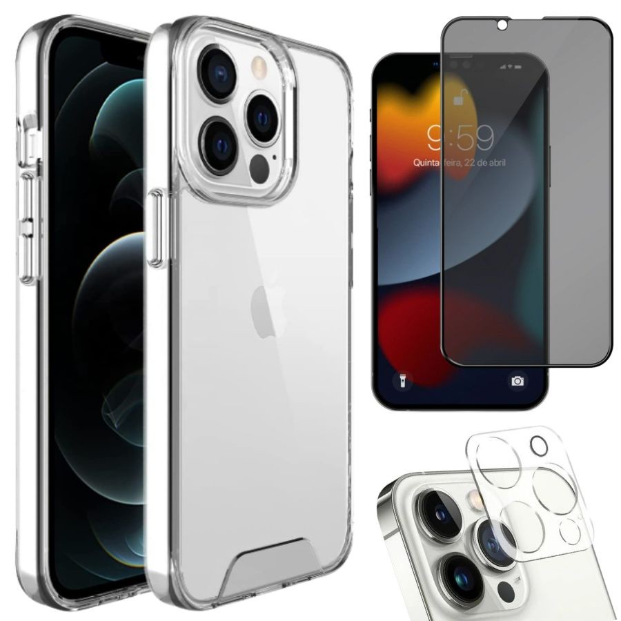 Kit 3em1 Compatível Com iPhone 14 / 14 Pro / 14 Plus / 14 Pro Max - Capa Clear Space + Película de Vidro 3D Privacidade + Película de Câmera