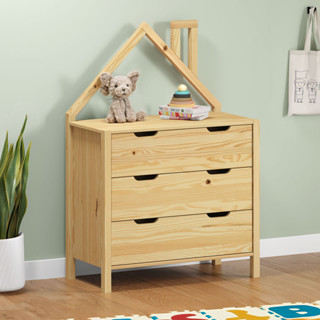 Cômoda infantil Montessori Madeira Casinha 3 Gavetas Elano Natural em Oferta na Shopee