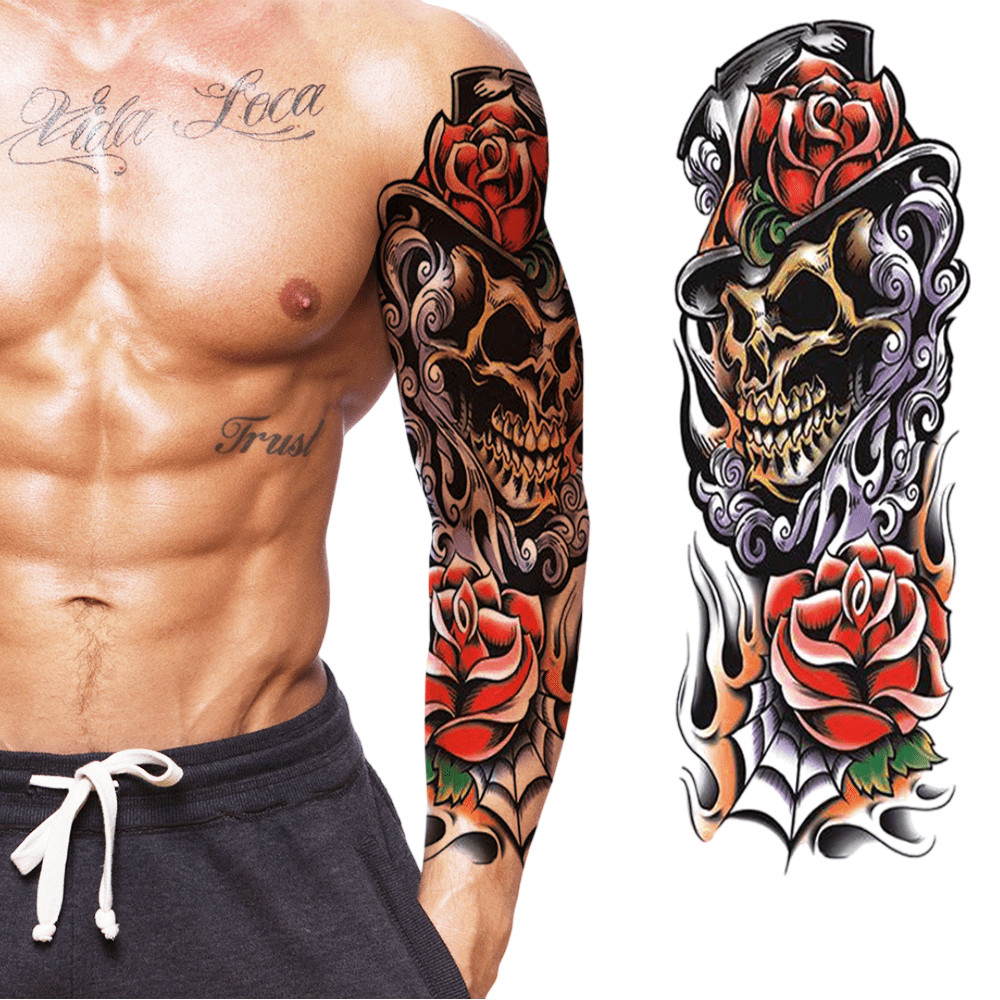 Tatuagem Temporária Caveira Chapéu Rosas Estilosa - Braço Inteiro